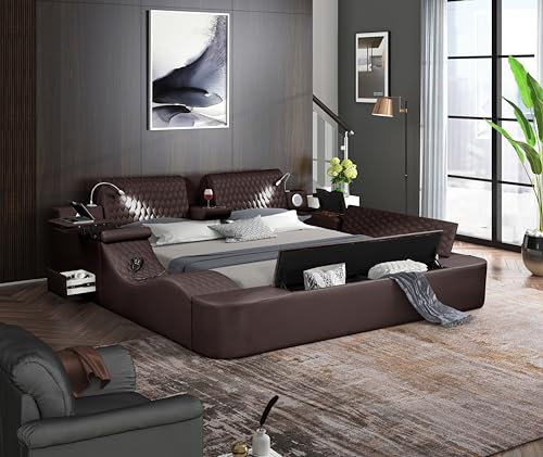Queen Size Smart Bed, Multifunctional Leather Bed Frame with Massage Recliner/Upholstered Headboard/Music Speaker/USB Port/Storage Space