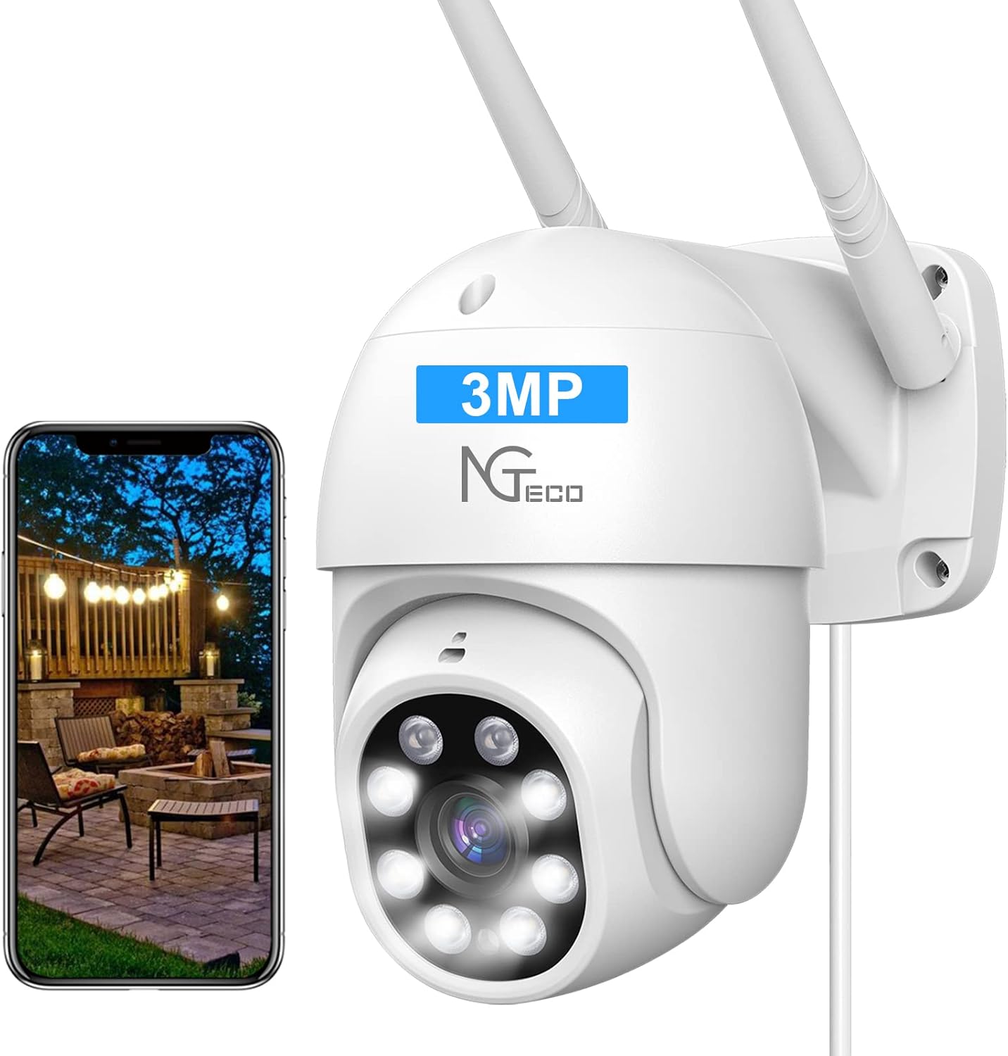 3MP Security Camera Outdoor, NGTeco Pan Tilt 2K Surveillance WiFi Camera with Spotlight Night Vision, 2-Way Audio, AI Motion Detection