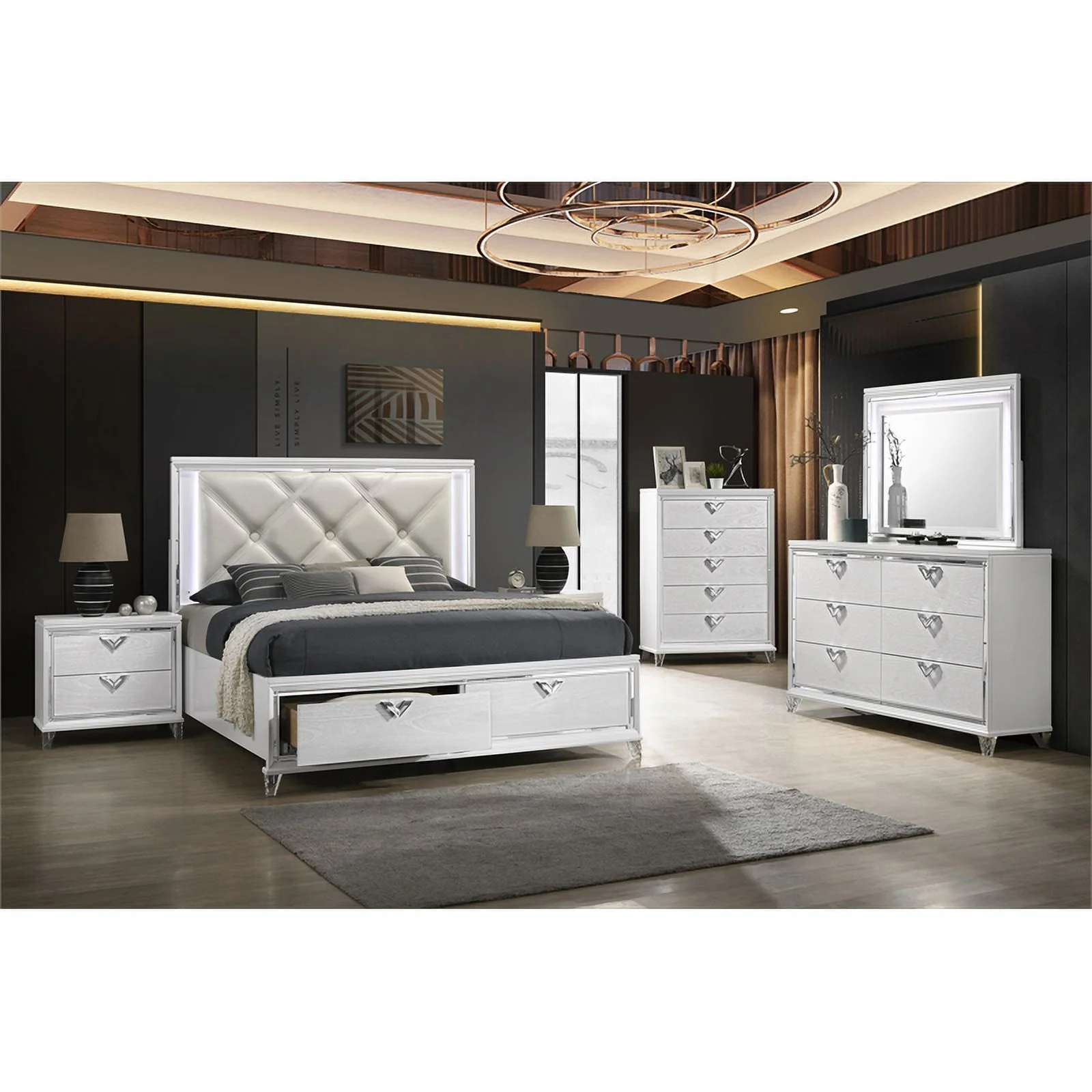 Pemberly Row Prism 5 PC King Modern Bedroom Set made with Wood in White color