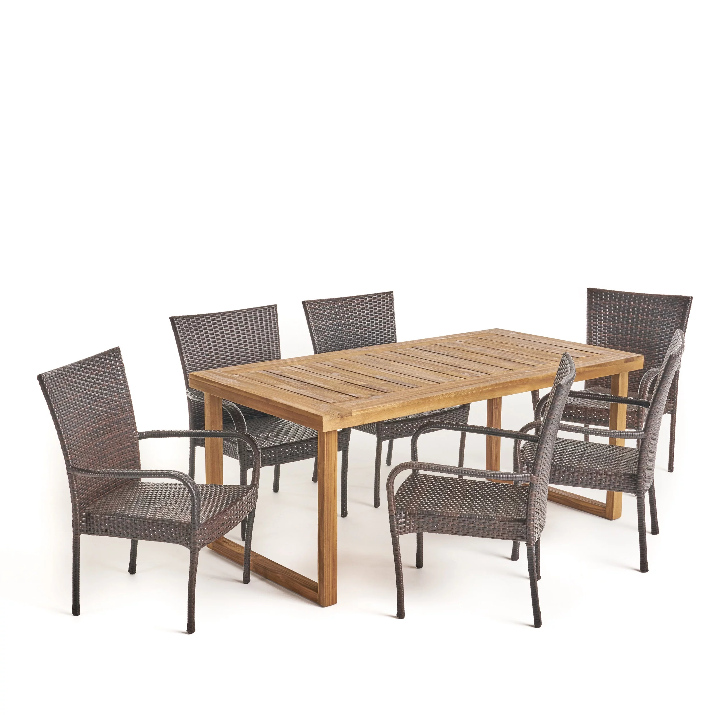 GDF Studio Maurepas Outdoor Acacia Wood and Wicker 7 Piece Dining Set, Teak, Brown, and Cream