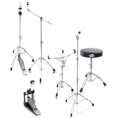 Griffin 6 Piece Drum Hardware Pack (Percussion TiltPro X Edition) – Full Stand Kit with Snare, Hi-Hat, Cymbal Boom