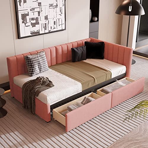 Upholstered Bed Frame with L-Shaped Headboard, Twin Size Daybed with 2 Storage Drawers and Solid Slats Support