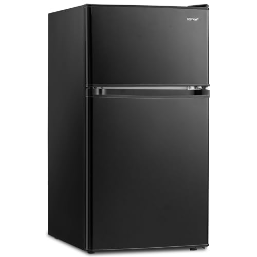 COSTWAY Compact Refrigerator, 3.2 Cu.Ft. Fridge Freezer Compartment with Reversible 2 Door, Adjustable Thermostat, Removable Glass Shelves