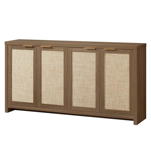 Hampstead Rattan 4-Door Storage Sideboard Cabinets with Adjustable Shelves, Boho Accent Buffet Cupboard Console for Kitchen, Living Room, and Hallway