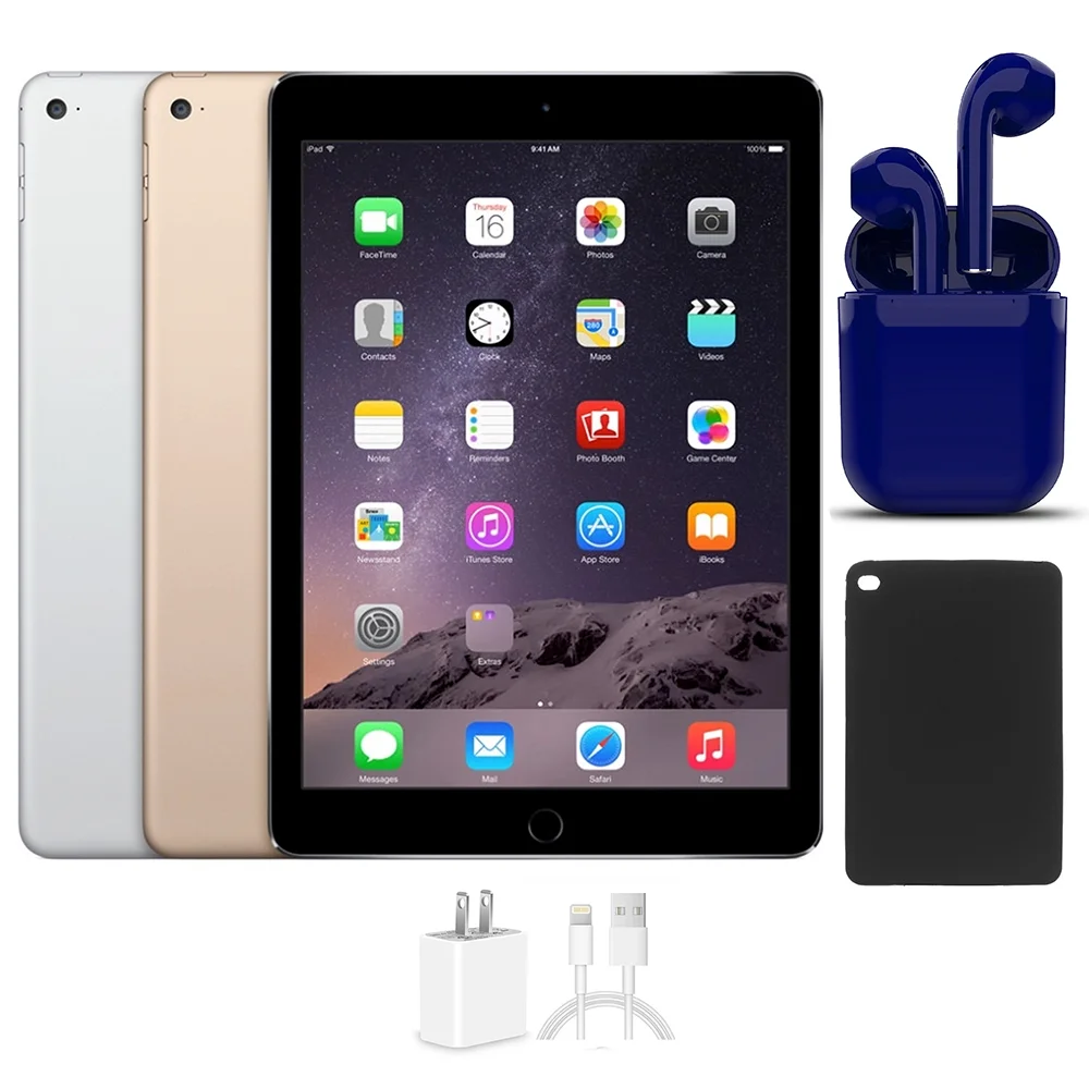 Open Box | Apple iPad Air 2 | 9.7-inch | 128GB | Wi-Fi Only | Bundle: USA Essentials Bluetooth/Wireless Airbuds, Case