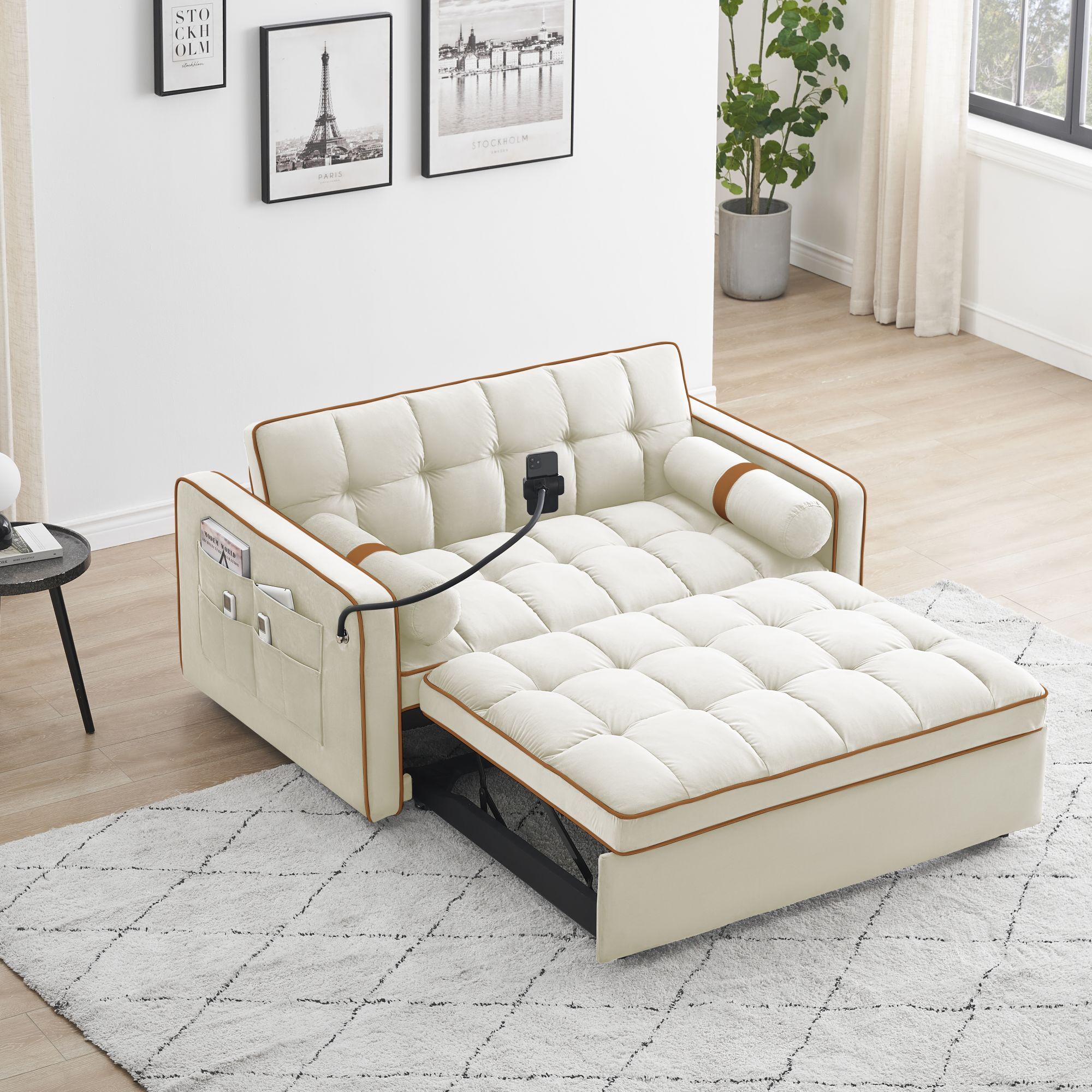DEALTOPS 3 in 1 Sofa Bed, 55" Loveseat Sleeper with Two Pillows & Phone Stand, White