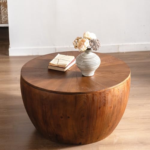 31.50" Farmhouse Wood Round Cofee Table for Living Room - Vintage Style Bucket Shaped Coffee Center Table with Storage Function