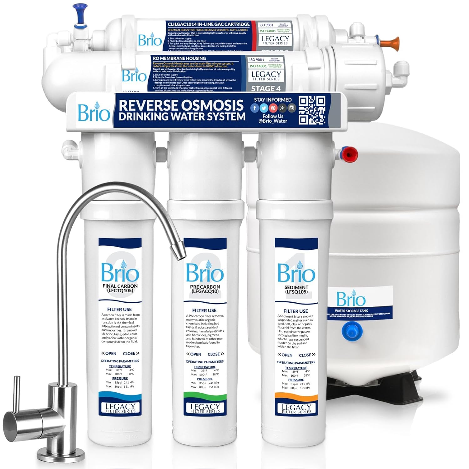 Brio High Capacity Under Sink 5-Stage Reverse Osmosis Drinking Water Filtration System and Ultimate Water Softener - LROQ500