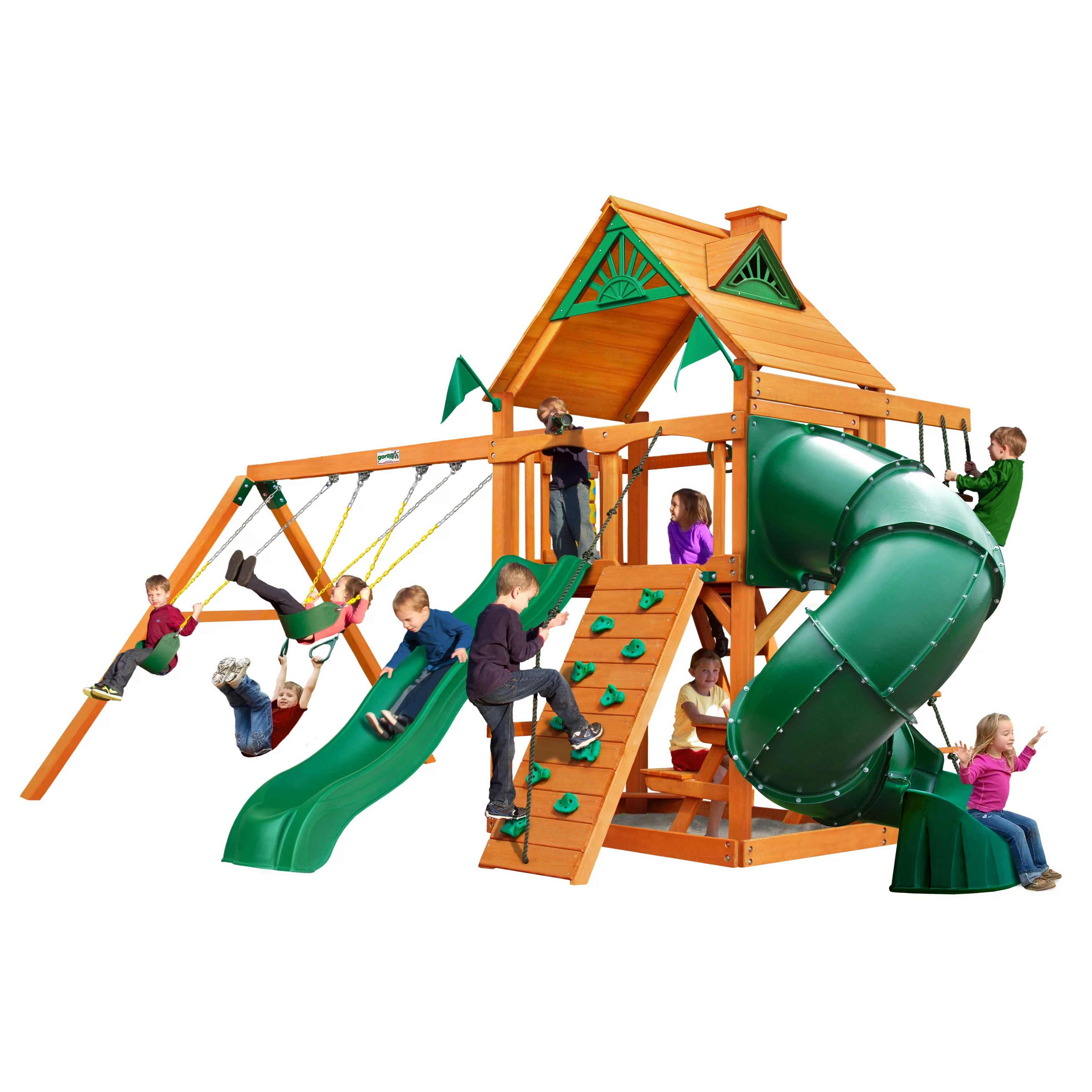 Gorilla Playsets Mountaineer Wooden Swing Set with Wood Roof, Extreme Tube Slide, and Built-in Picnic Table - Curated Treasures Market
