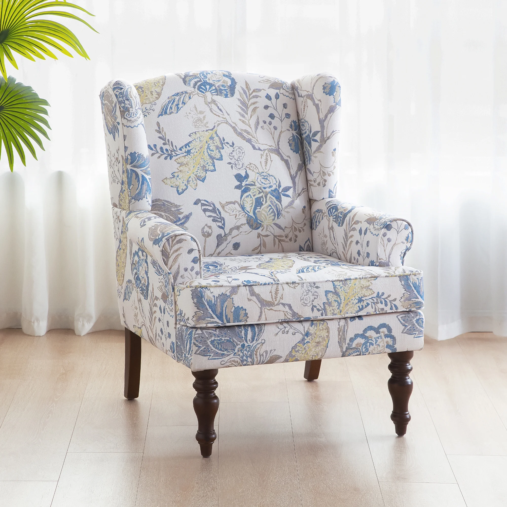 HUIMO Wingback Accent Chair, Upholstered Mid Century Modern Armchair with Solid Wood Legs, Fabric Linen Leisure Single Sofa Chair for Living Room