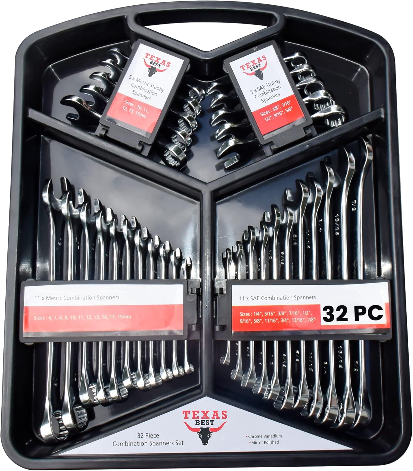 Texas Best Chrome Vanadium Steel Combination Wrench Set | SAE (Inch) & Metric Sizes | Quick Access Hanging Tray | Carry Case Master Organizer