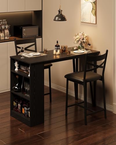 GAOMON 3 Piece Bar Table Set for 2, Bar Table and Chairs Set with with Flip Top Extension, Dining Table Set with Storage Shelves