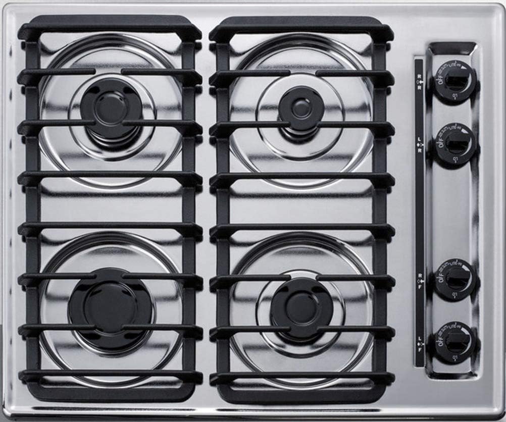 Summit Appliance ZTL033S 24" Wide 4-Burner Gas Cooktop in Brushed Chrome with Cast Iron Grates, Push-to-turn Knobs, Removable Burner Caps
