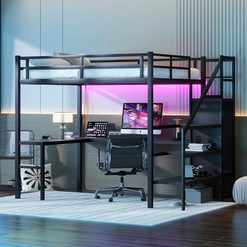 Wood Full Size Gaming Loft Bed with Desk, Multi-storage Shelves