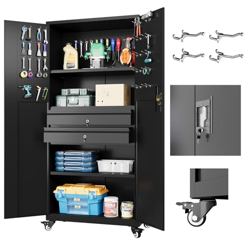71" Metal Garage Storage Cabinet with Drawers and Wheels Rolling Tool Chest Cabinet with Pegboards
