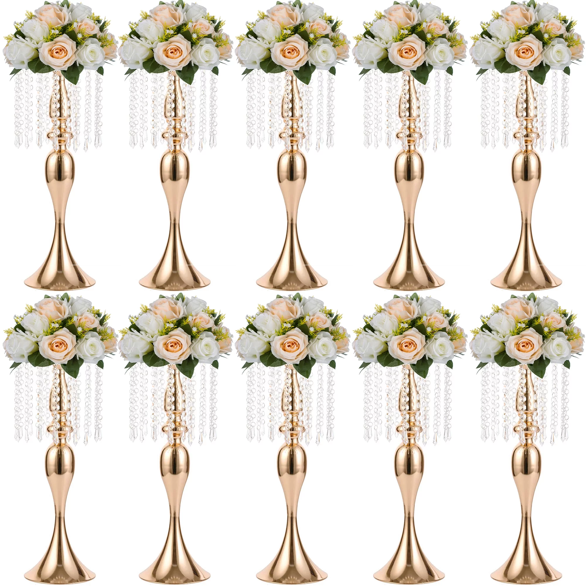 Crystal Metal Centerpiece Vase 10Pcs 21.3 inches Tall Flower Stand Holders Wedding Centerpiece Chandelier for Reception Tables Wedding Supplies