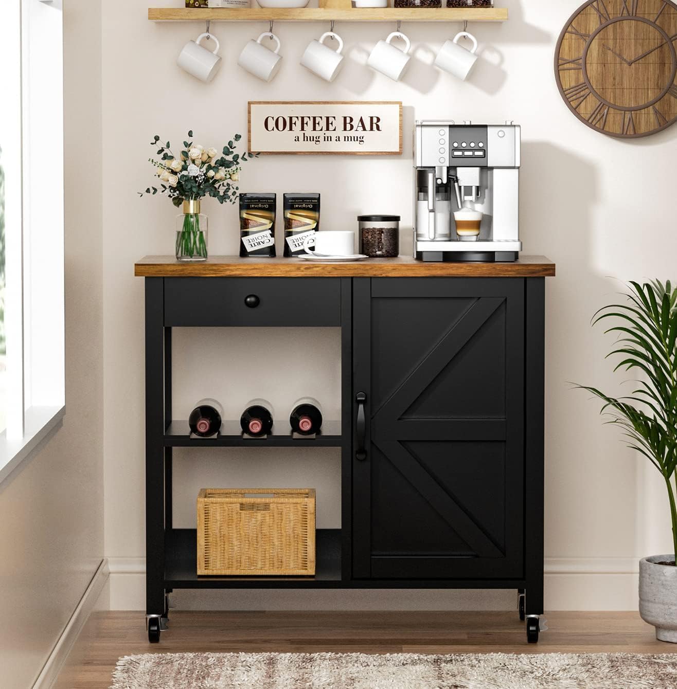 4 EVER WINNER Coffee Bar, Farmhouse Coffee Bar Cart on Wheels with Storage Cabinet and Adjustable Shelves