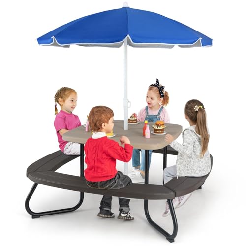 KOTEK 8-Person Kids Picnic Table, Toddler Activity Table with Removable Umbrella, 4 Built-in Benches, HDPE Top & Metal Frame