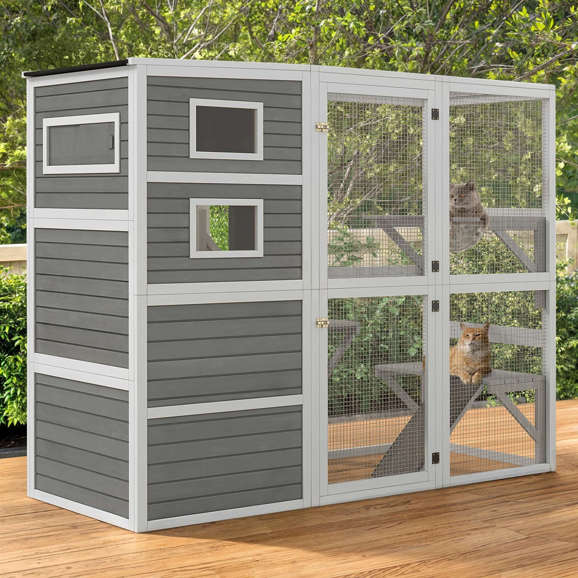 Dextrus 77.9" Catio Outdoor Cat Enclosure Large Cat House for Mulitiple Cats Walk in Cat Cage with Tarp Roof, Gray-White - Curated Treasures Market