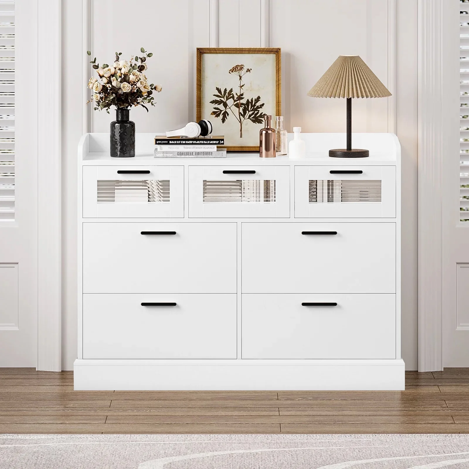 Homfa 7 Drawer White Dresser for Bedroom, Chest of Drawers with Glass Panel Wood Storage Cabinet for Living Room Dining Room