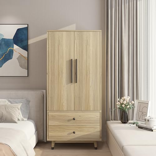 4 Door Armoire Wardrobe Closet Cabinet with 2 Drawers, Wood Bedroom Wardrobe Cabinet with Adjustable Shelves and Hanging Rod