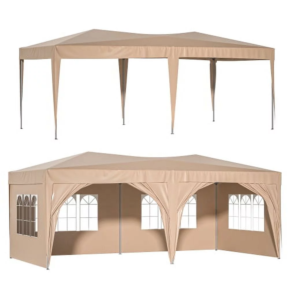 Buumin 10'x20' EZ Pop Up Canopy Outdoor Portable Party Folding Tent with 6 Removable Sidewalls + Carry Bag + 6pcs Weight Bag Beige