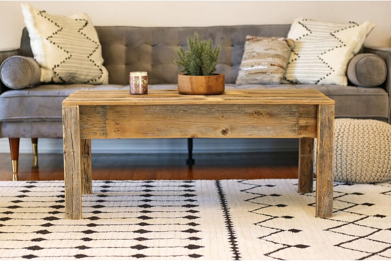 Natural Unfinished Open Floor Coffee Table Farmhouse Rectangular Reclaimed Wood Finish Handmade