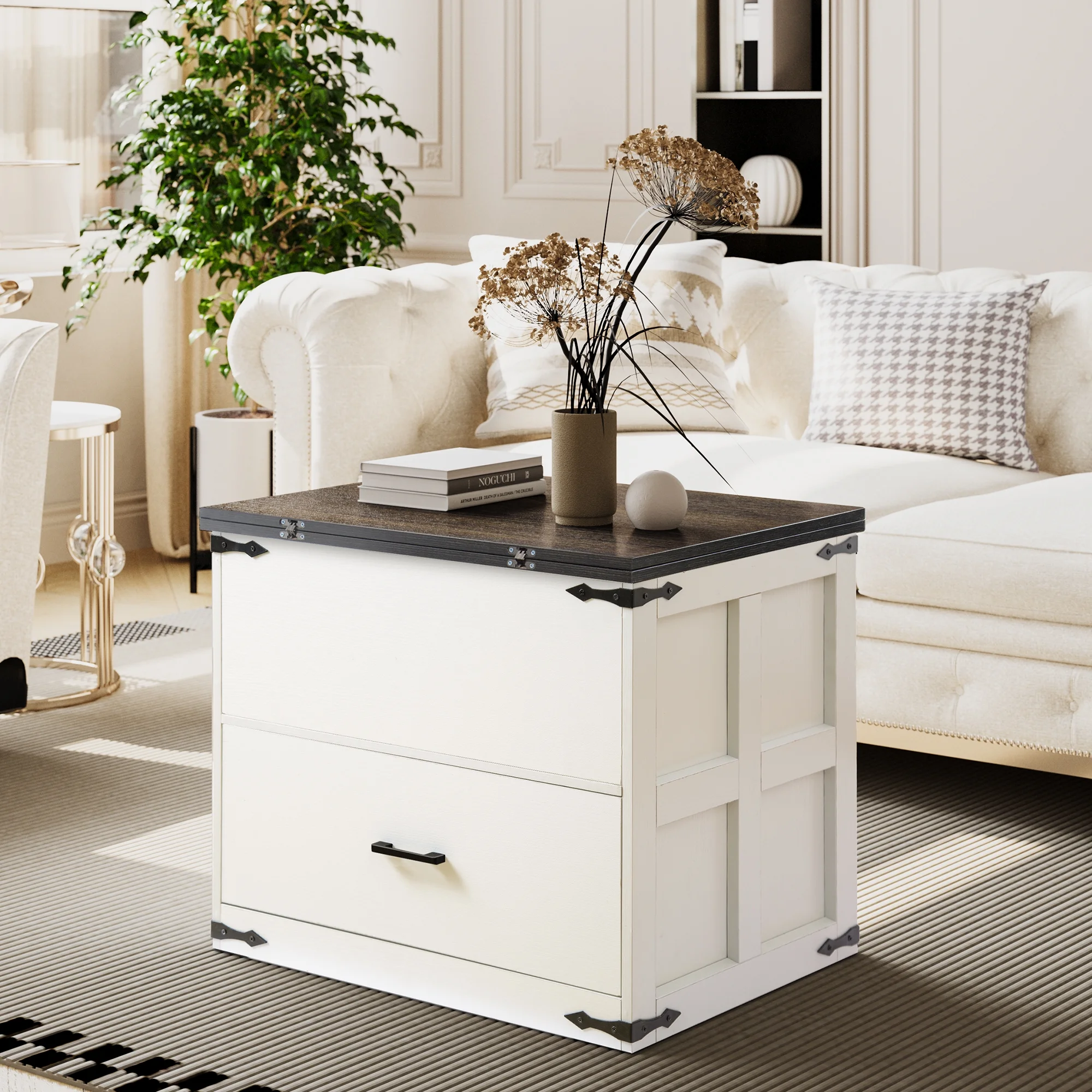 GUNAITO Lift Top Coffee Table with Storage Farmhouse Wood 4 in 1 Multi-Function Convertible Modern Dining Table for Living Room White