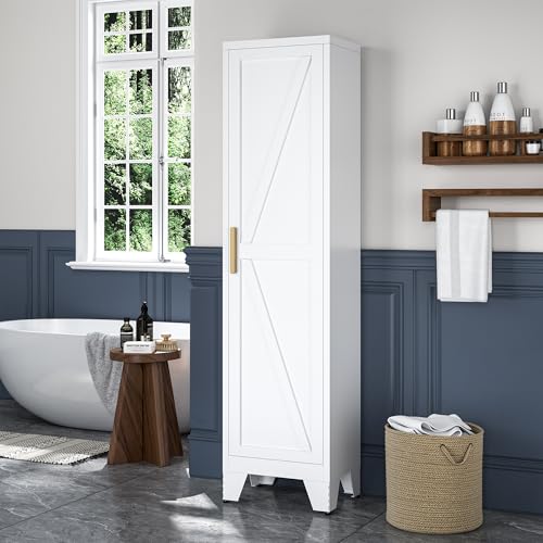 Tall Bathroom Cabinet,Narrow Metal Storage Cabinet with 5 Adjustable Shelves and Single Barn Door,Slim Pantry Storage Organizer for Bathroom,Kitchen