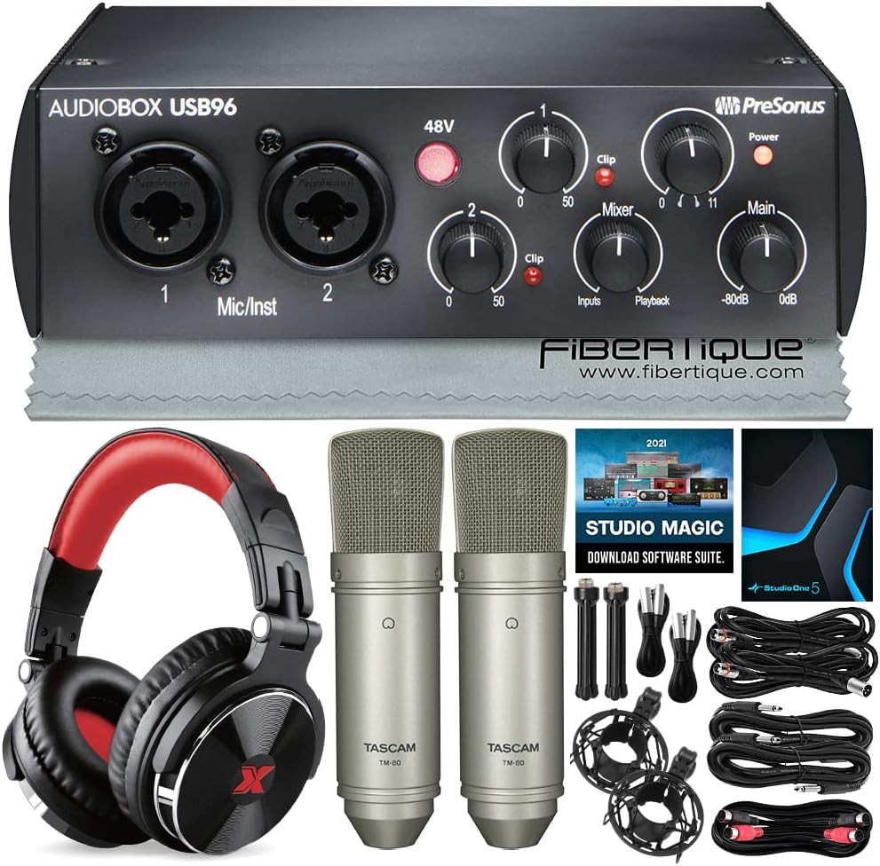 PS PreSonus AudioBox USB 96 2.x USB Audio Interface (25th Anniversary Black) w/Studio One Artist & Studio Magic Recording w/Two Condenser Microphones