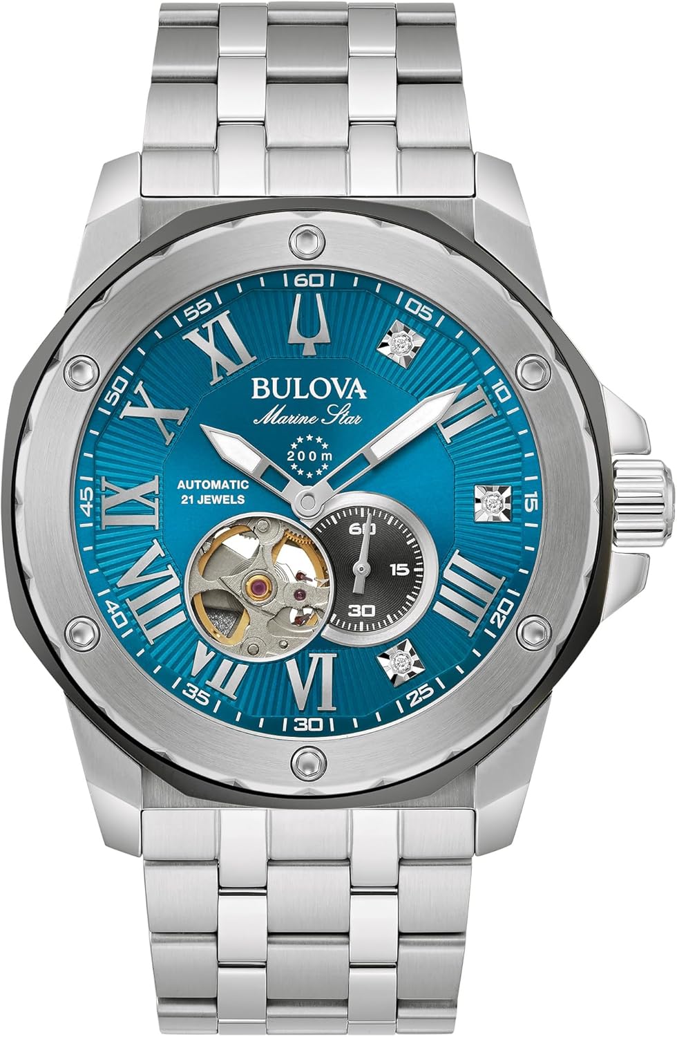 Bulova Marc Anthony Men's Automatic Marine Star Stainless Steel Watch,Open Aperture,Exhibition Case Back,Diamond Accent Blue Sunray Dial