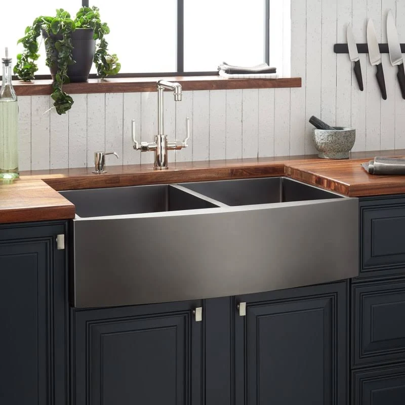Signature Hardware 944653-33 Atlas 33x22 Farmhouse Double Basin Stainless Steel Kitchen Sink Gunmetal Black Fixture Kitchen Sink