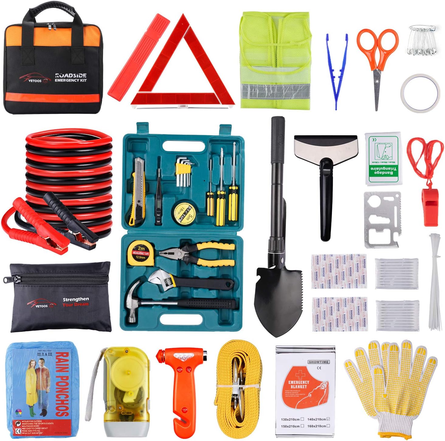 Roadside Emergency Car Kit with Jumper Cables, Auto Vehicle Safety Road Side Assistance Kits, Winter Car Kit for Women and Men