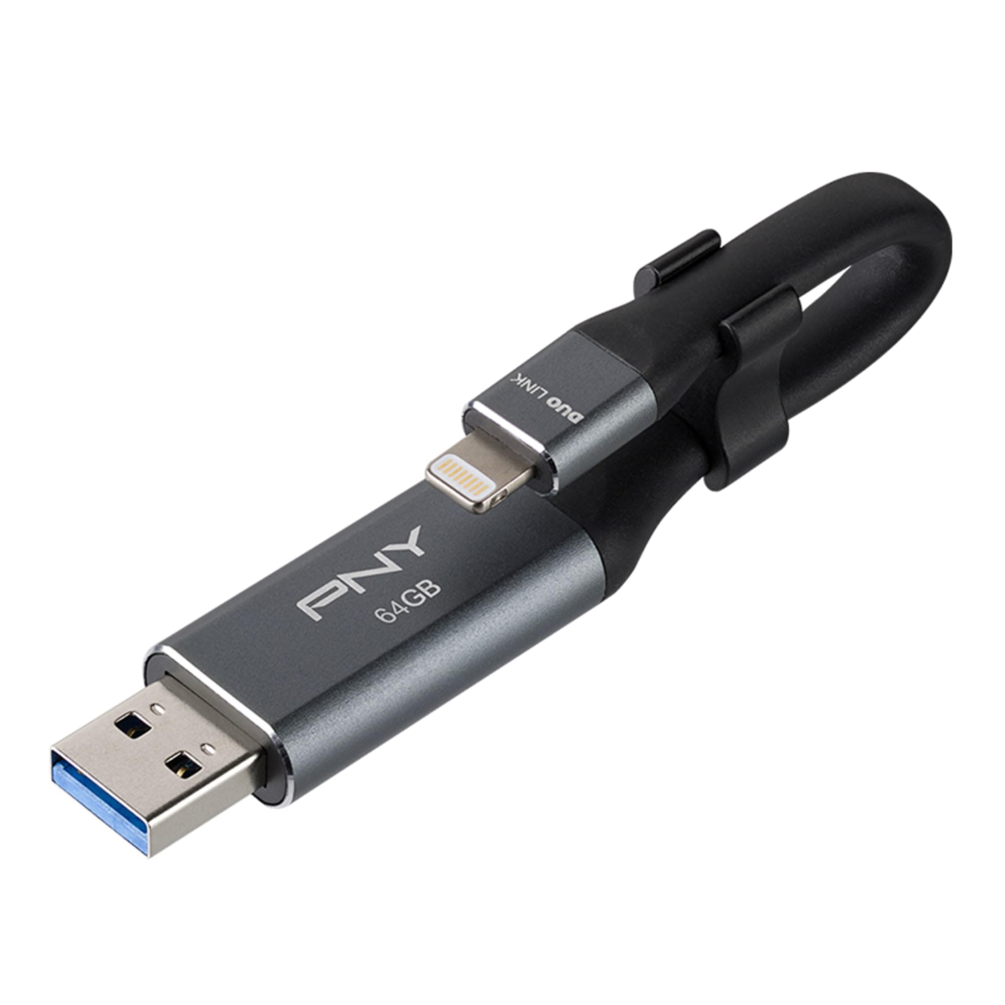 PNY 64GB DUO LINK iOS USB 3.0 OTG Flash Drive for iPhone & iPad and Computers - External Mobile Storage for photos, videos, and more, Metal Gray