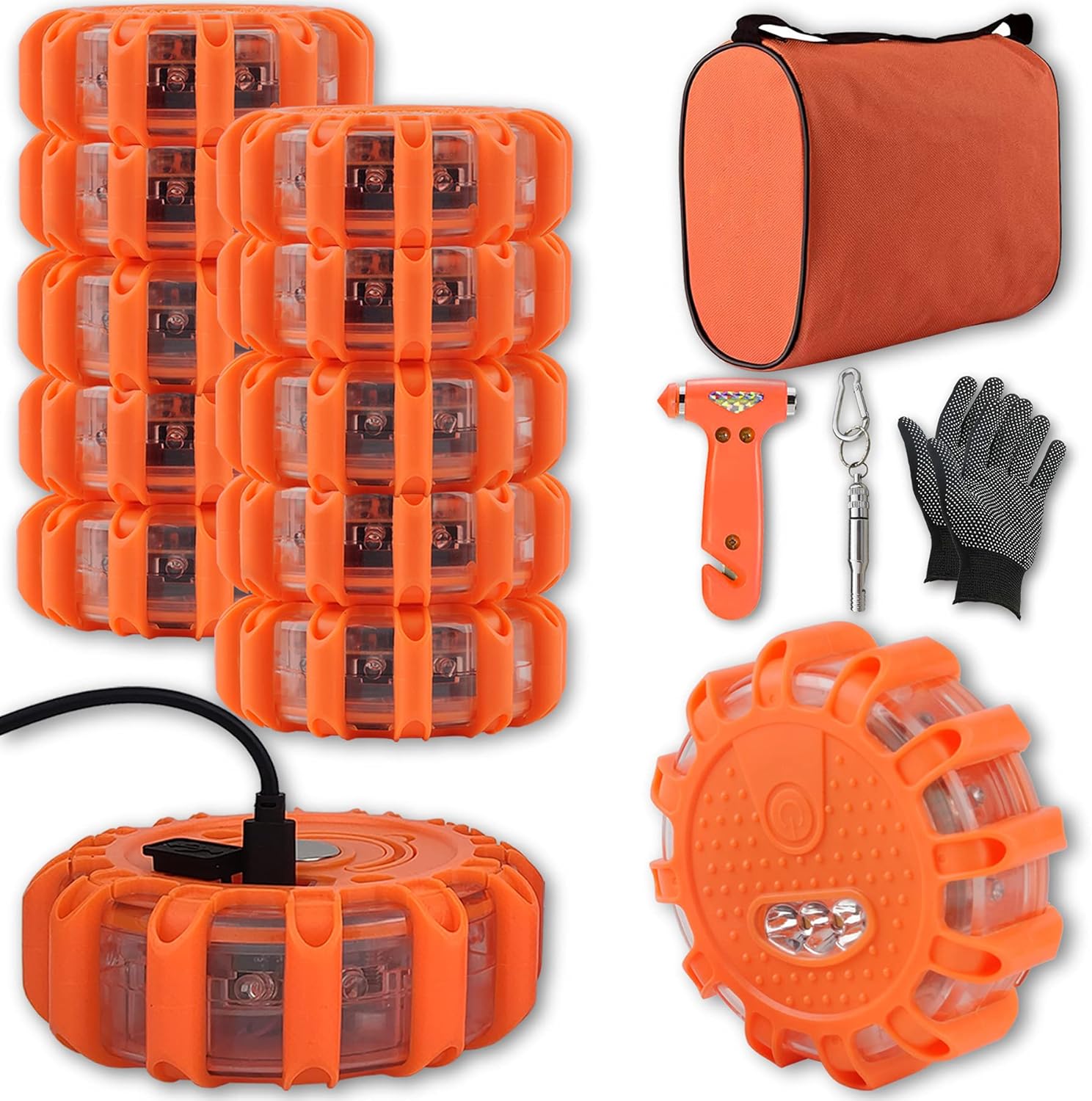 USB Rechargeable LED Road Flares Car Emergency Kit-Roadside Safety Discs Car Warning Safety Beacon Flashing Flares Kit Magnetic Hazard Lights with