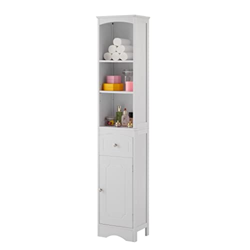 Tall Bathroom Storage Cabinet with 2 Doors & Drawer, 64" H Bathroom Cabinets Freestanding, Slim Linen Cabinet with Adjustable Shelves