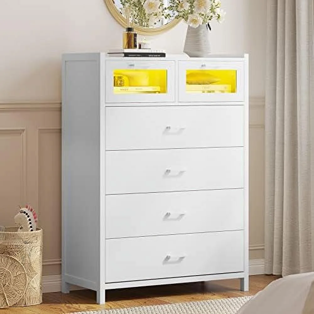 HOOMHIBIU Black Dresser for Bedroom  6 Drawer with LED Lights  Tall Wood Chest of Drawers  Modern Double Organizer  Large Capacity  Cabinet Entryway