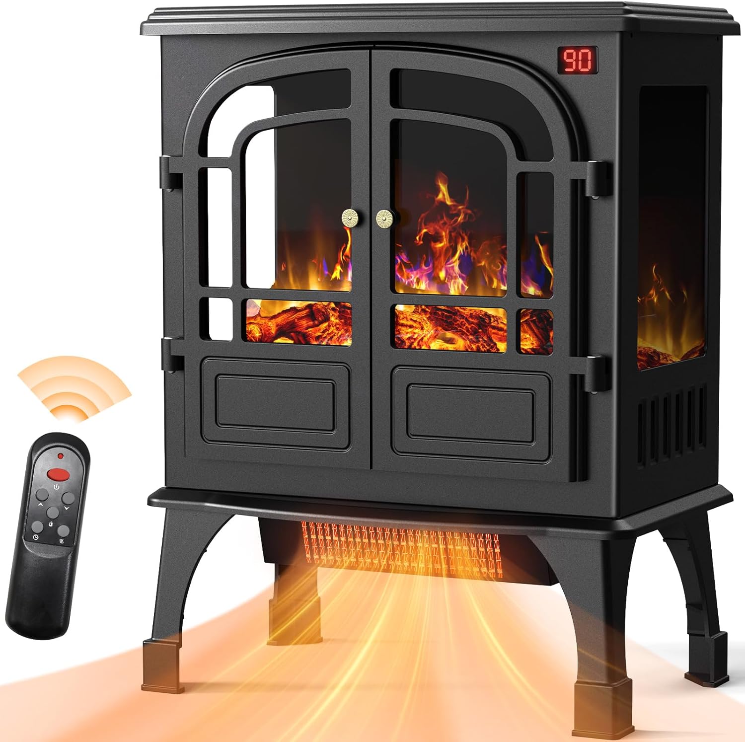 24'' Electric Fireplace Heater, Fire Places Stove with Remote Control, 3D Realistic Flame, Overheating Safety Protection, Timer, 5 Flame Brightness