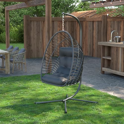 Hanging Egg Chair with Stand Indoor Outdoor, Foldable Rattan Wicker Hammock Egg Swing Chair for Bedroom Porch Patio Garden, Thickened Cushion