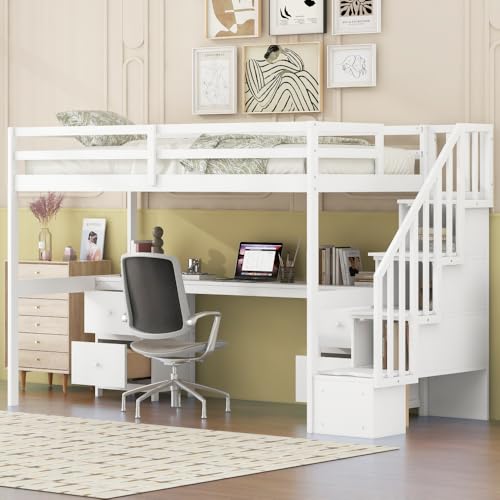 Loft Bed Twin Size, Twin Loft Bed with Desk and 2 Drawers, Storage Stairs, High Guardrail, Pine Frame, Space Saving, Wood Loft Bed for Bedroom (Gray)