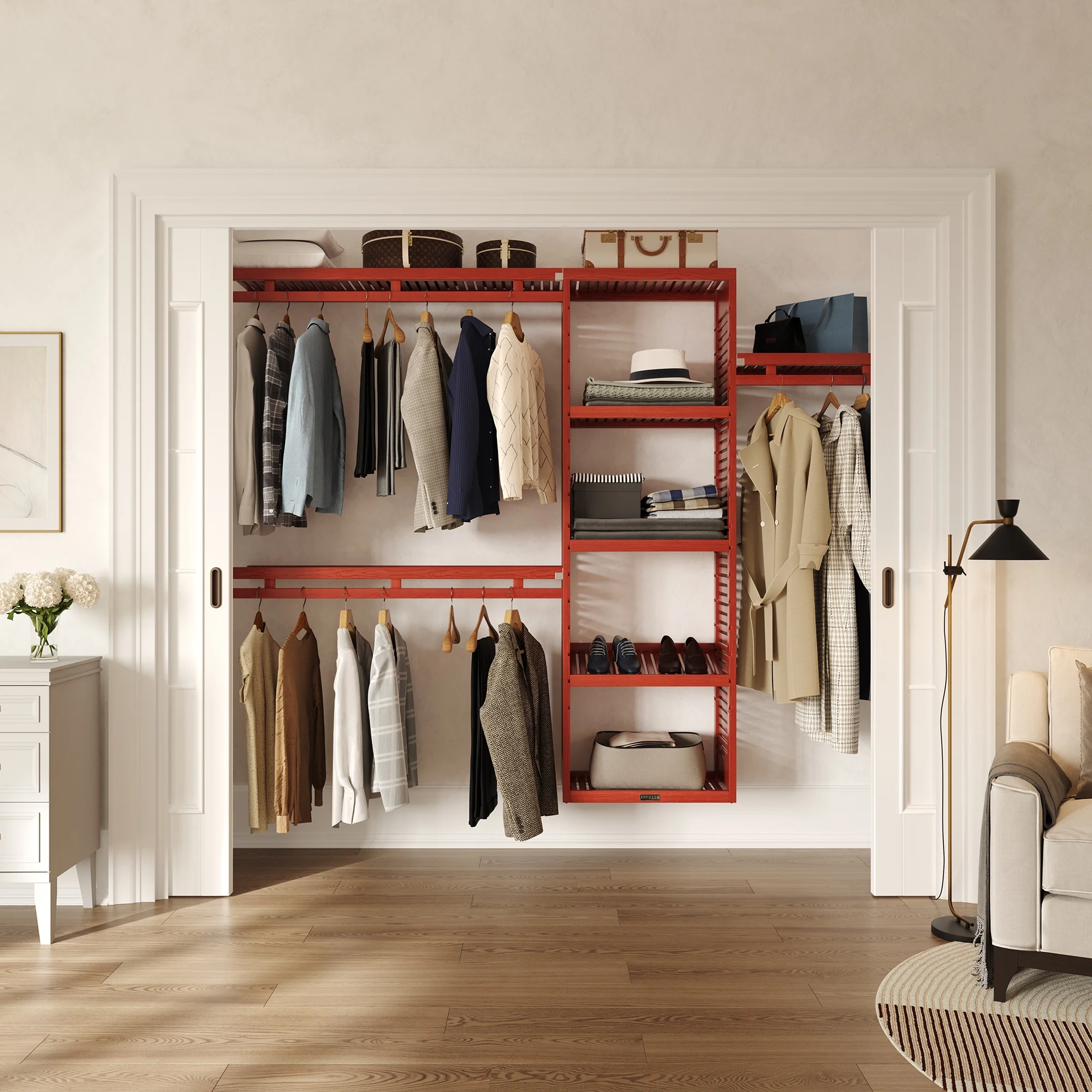 John Louis Home 12 Inch Deep Solid Wood Simplicity Closet System Red Mahogany Finish