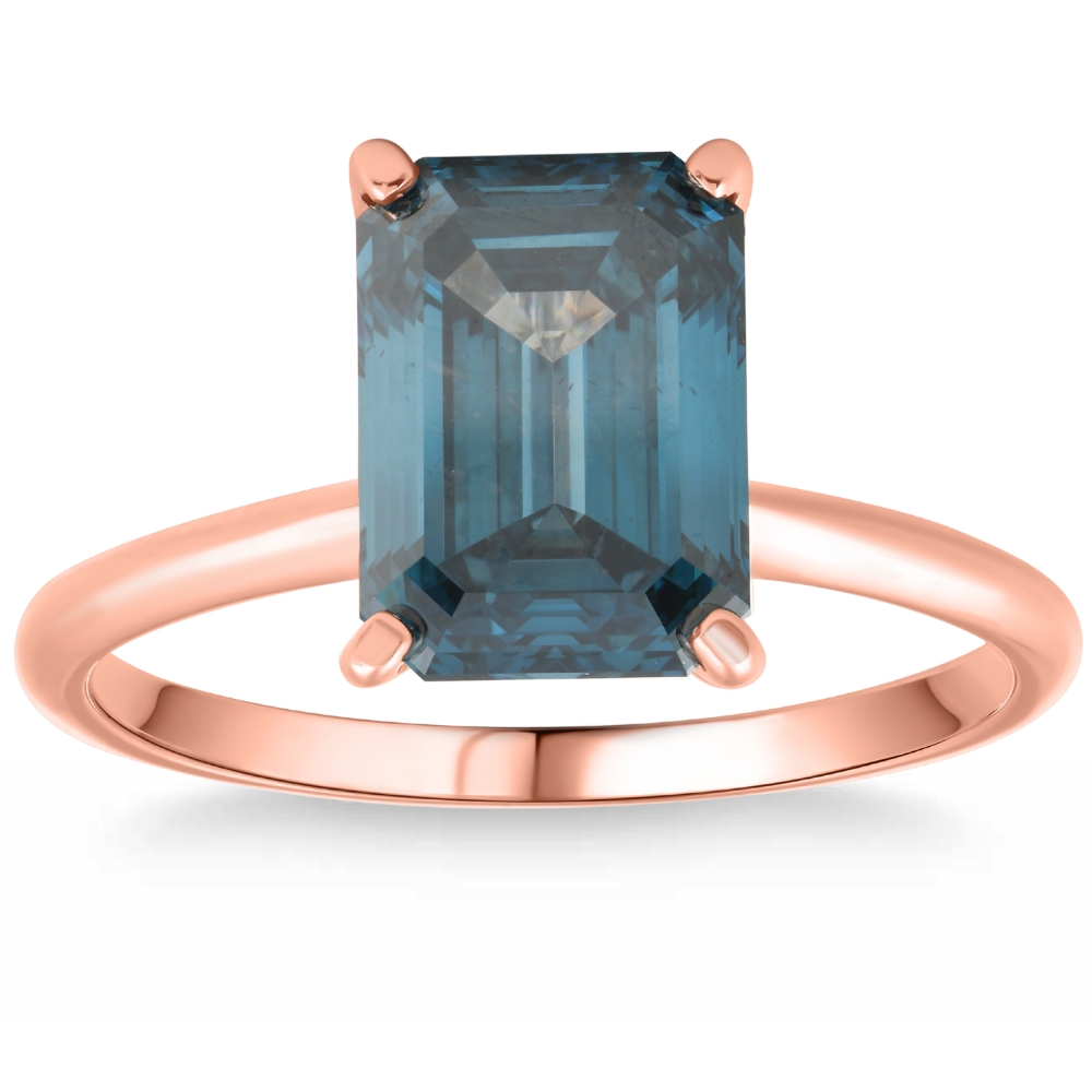 Pompeii3 3Ct Blue Diamond Emerald Cut Solitaire Engagement 14k Ring Rose Gold Lab Grown