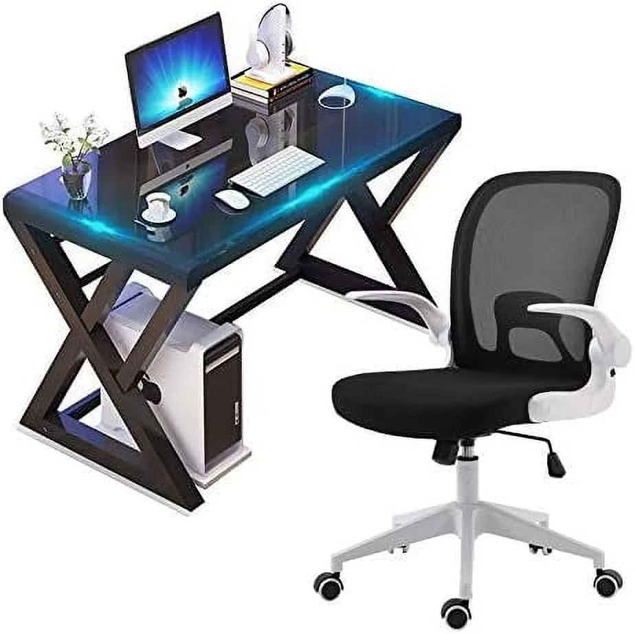Office Desk and Chair Set  Breathable Mesh Computer Chair and JOMA Glass Top Computer Desk with Metal Frame  Flip-Up Arms Foldable Backrest Rolling