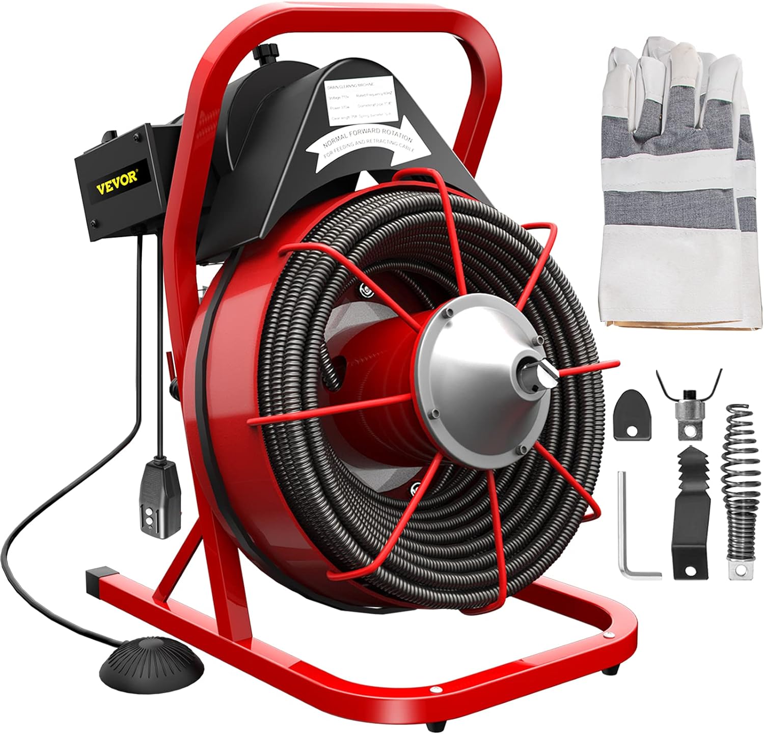 VEVOR 75FT x 1/2 Inch Drain Cleaning Machine 370W Sewer Snake Auger Cleaner Electric Clog Remover Plumbing Tool with 4 Cutters & Air-Activated Foot