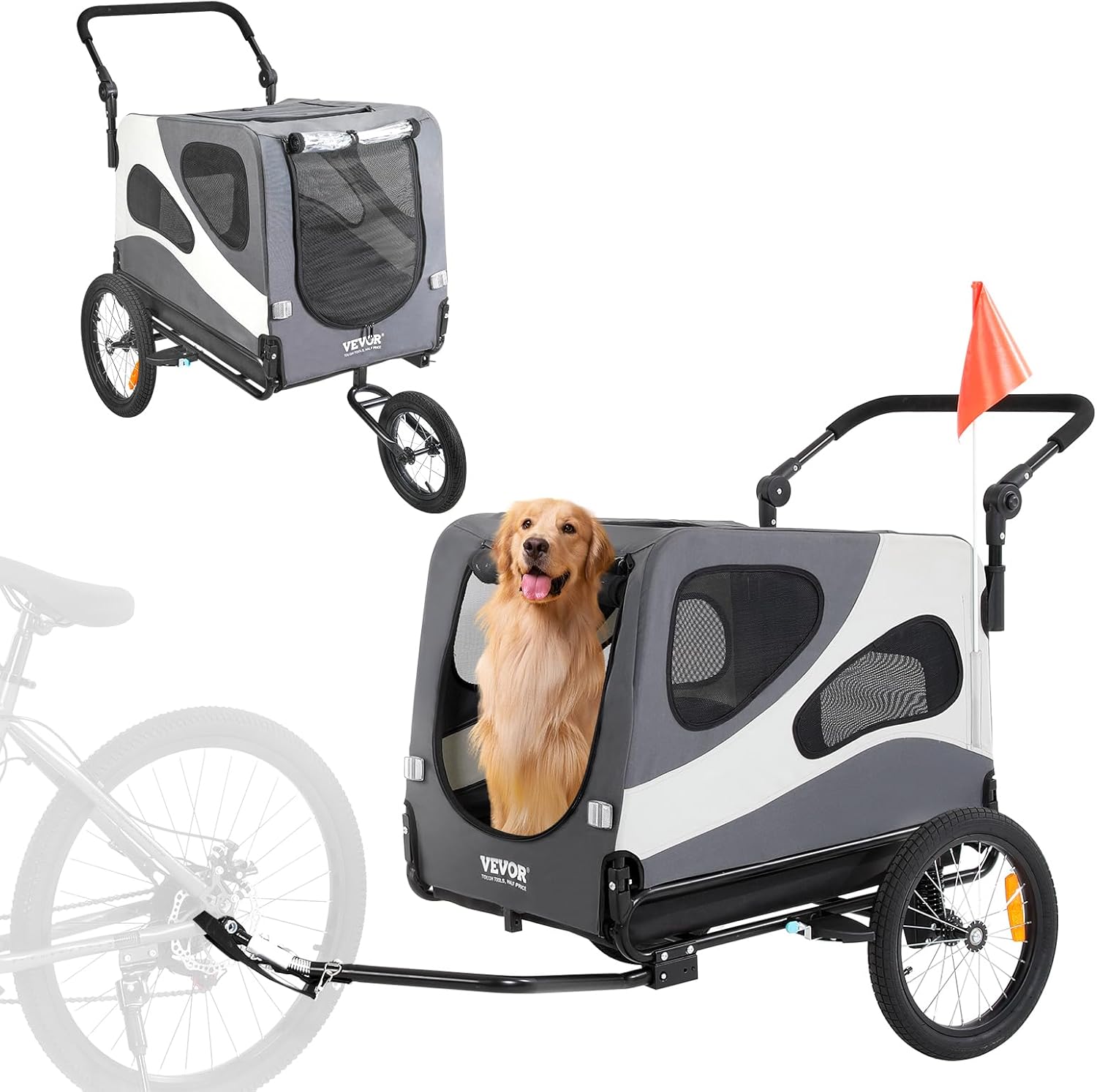 VEVOR Dog Bike Trailer, Supports up to 100 lbs, 2-in-1 Pet Stroller Cart Bicycle Carrier, Easy Folding Cart Frame with Quick Release Wheels