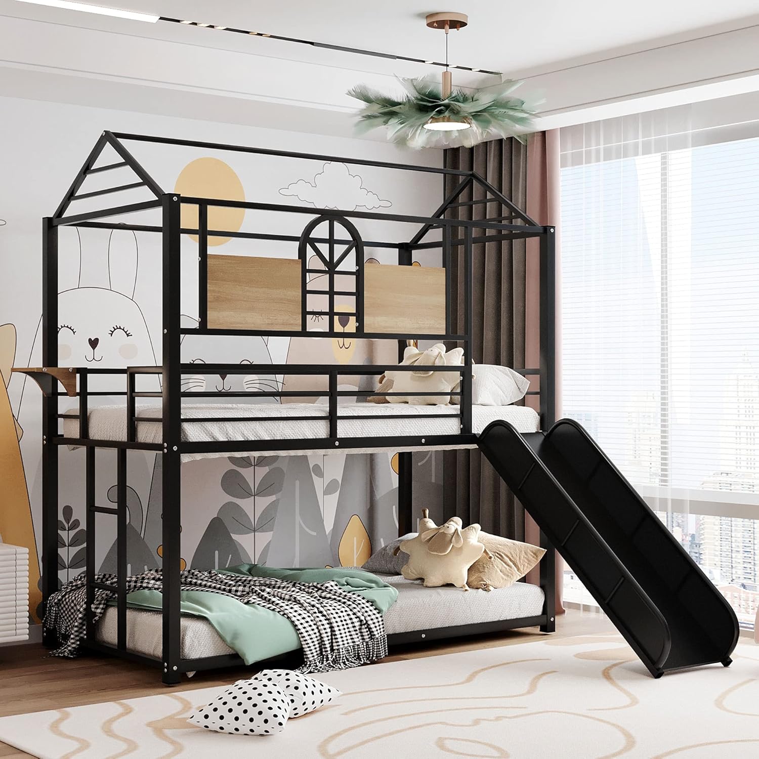 KLMM Twin Over Twin Metal Bunk Bed with Slide and Integrated Ladder, Housebed Bunk Bed for Kids Toddlers