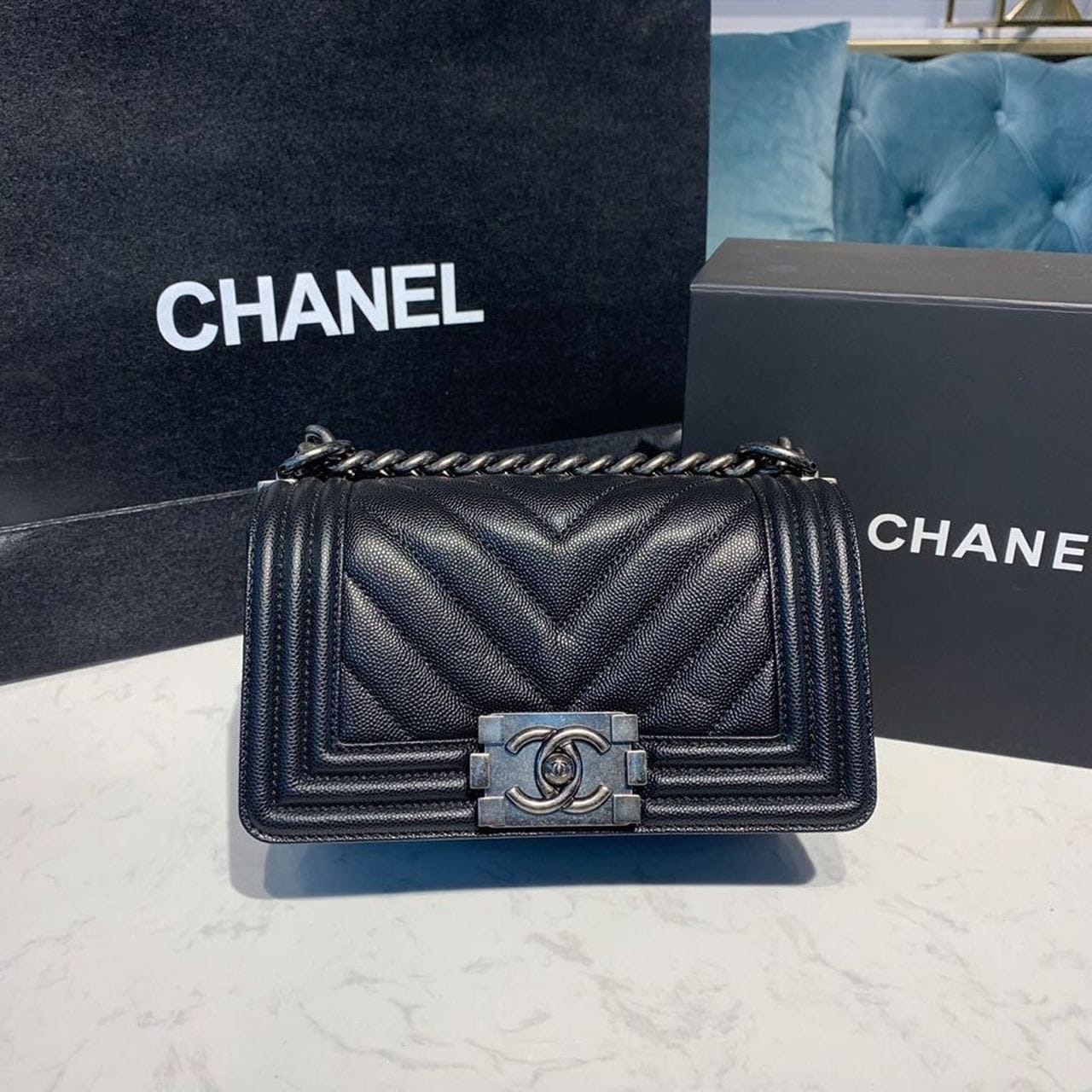 Chanel Chevron Boy Bag 20cm Caviar Leather Antique Silver Hardware Fall/Winter Act 1 Collection, Black