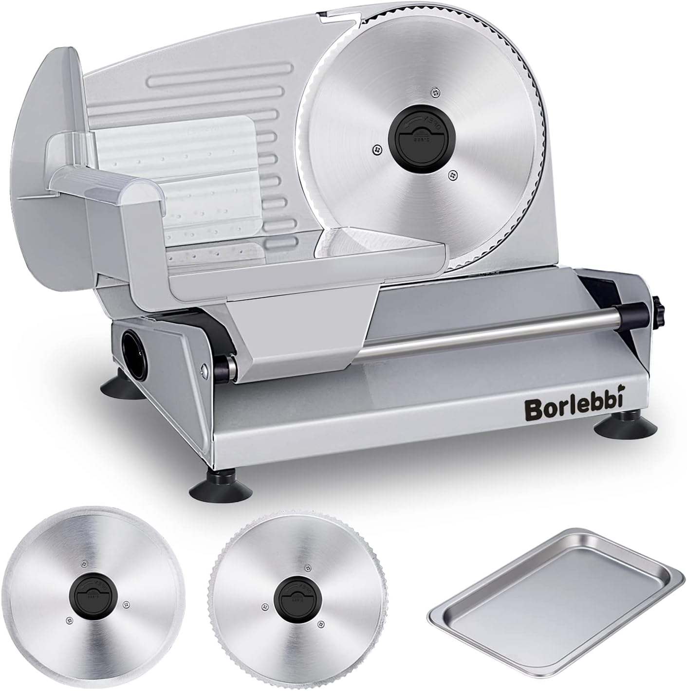 Meat Slicer, 200W Electric Food Slicer with 2 Removable 7.5" Stainless Steel Blades and Stainless Steel Tray, Child Lock Protection