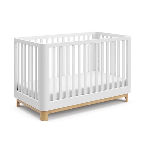 Storkcraft Santos 3-in-1 Convertible Crib (White with Natural) – GREENGUARD Gold Certified, Fits Standard Crib Mattress, Converts to Toddler Bed