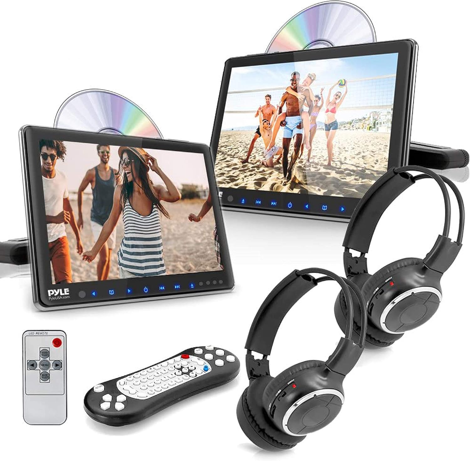 Pyle Universal Car Dual Headrest Monitor - 9.4 Inch Vehicle Multimedia CD DVD Player with Wireless Headphones - Audio Video Entertainment w/HDMI